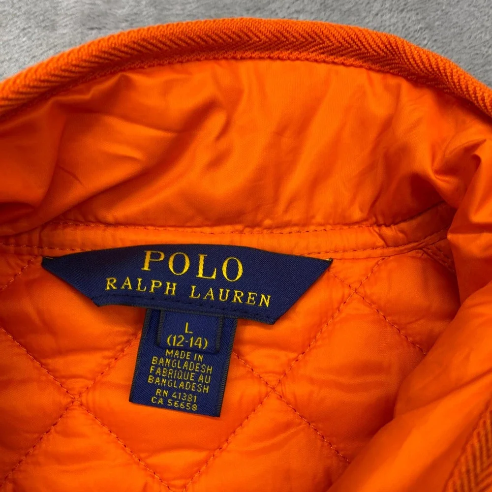 Polo Ralph Lauren Quilted Orange Puffer Vest Kids Sz L 12/14 Snap Button Pockets